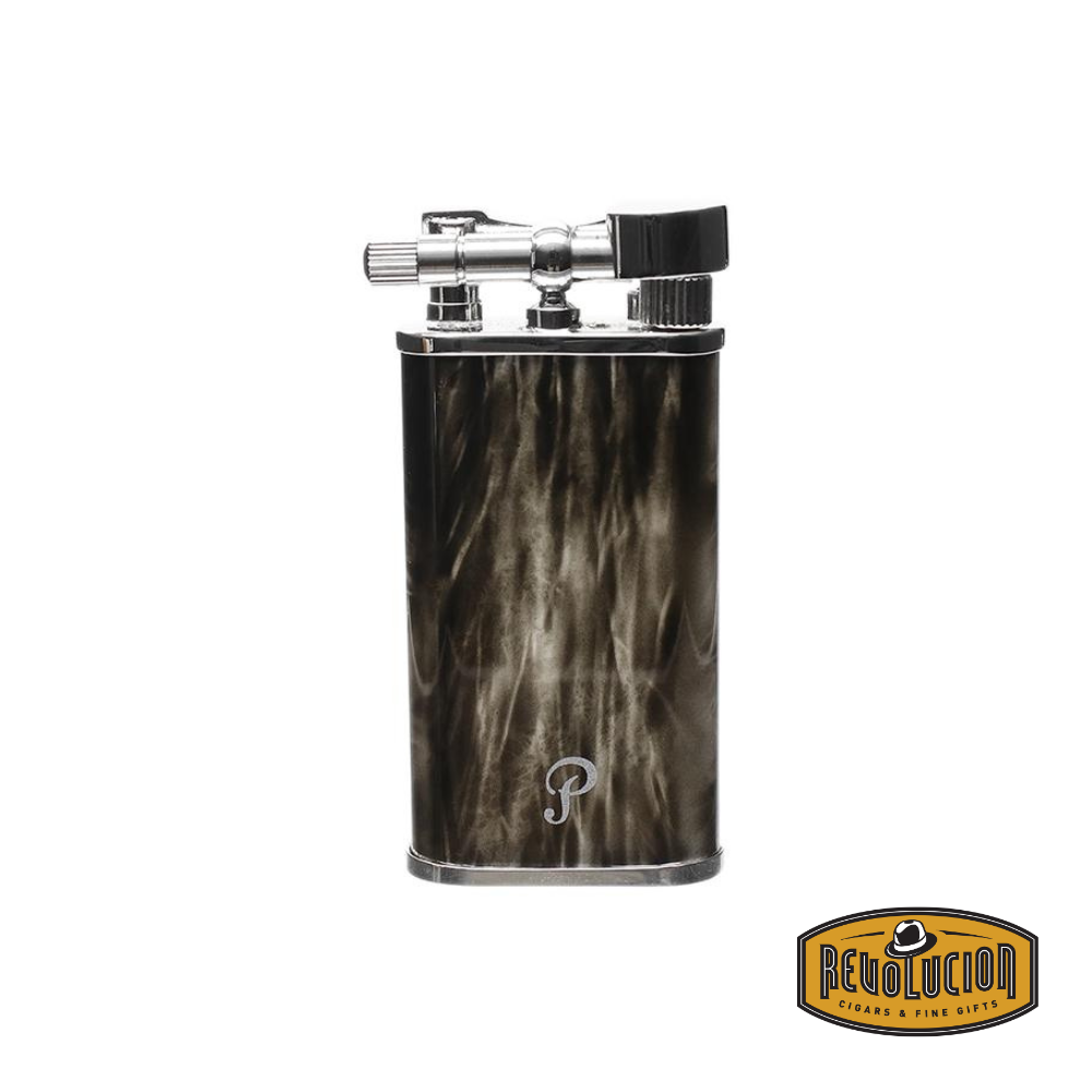 Front view of the Peterson Grey Pipe Lighter, featuring a sleek grey finish with a classic flint ignition and an angled soft flame, designed for pipe smokers, with the Revolucion logo in the corner.