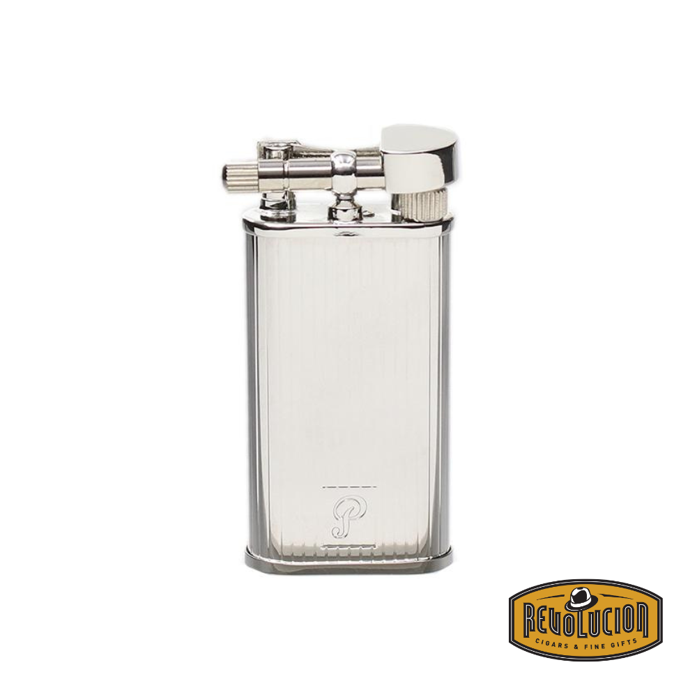 Front view of the Peterson Silver Stripe Pipe Lighter, showcasing its sleek silver-striped design, flint ignition, and angled soft flame, perfect for pipe smokers, with the Revolucion logo in the corner.
