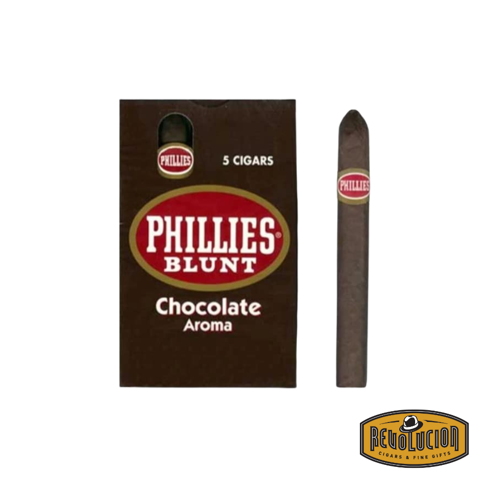 Phillies Blunt Chocolate Flavored Cigar, a machine-made cigar with a dark wrapper and chocolate-themed packaging, known for its sweet aroma and smooth draw.