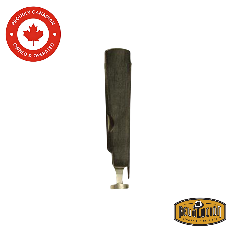 Brigham Flat Wood Inlay Pipe Tool featuring a polished metal finish with a decorative wood inlay, designed for easy pipe cleaning and maintenance.