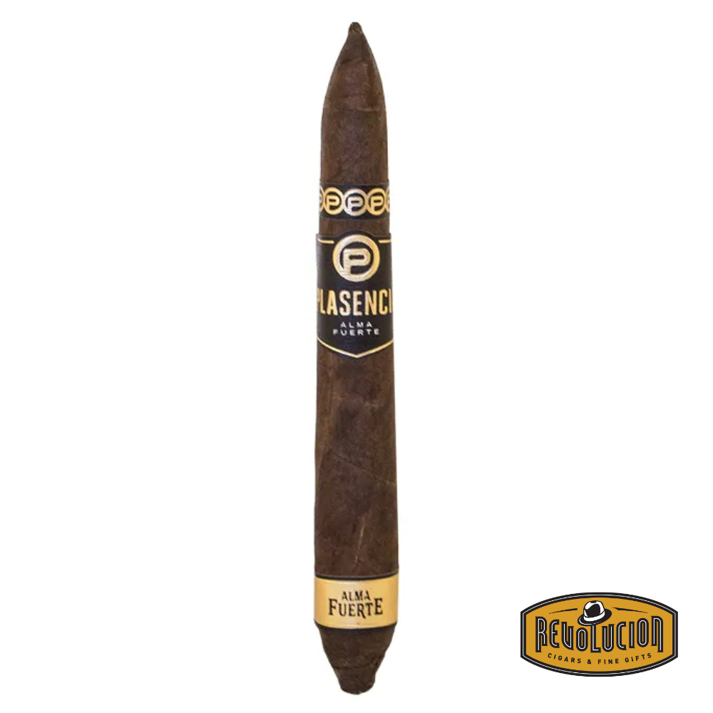 Plasencia Alma Fuerte Generacion V Salomon Full Strength Nicaraguan Cigar on a white background with the Revolucion logo, highlighting its unique Salomon shape and dark, luxurious wrapper.
