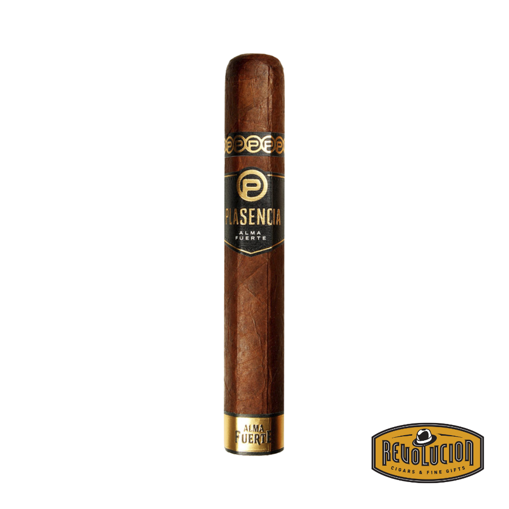 Plasencia Alma Fuerte Sixto II Hexagono Medium-Full Strength Nicaraguan Cigar on a white background with the Revolucion logo, showcasing its unique hexagonal shape and rich wrapper.