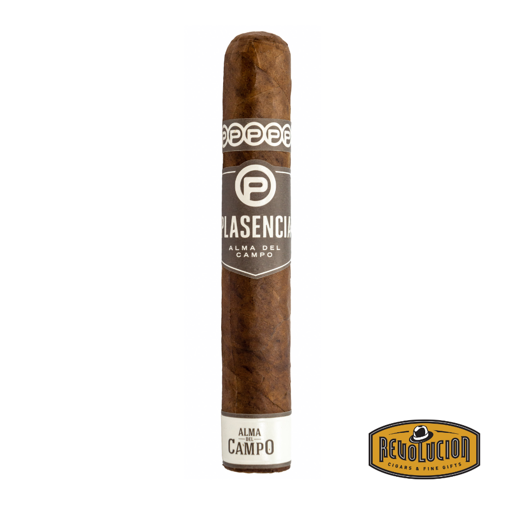 Plasencia Alma del Campo Travesia Toro Extra Medium Strength Nicaraguan Cigar on a white background with the Revolucion logo, showcasing its elegant band and smooth, oily wrapper.