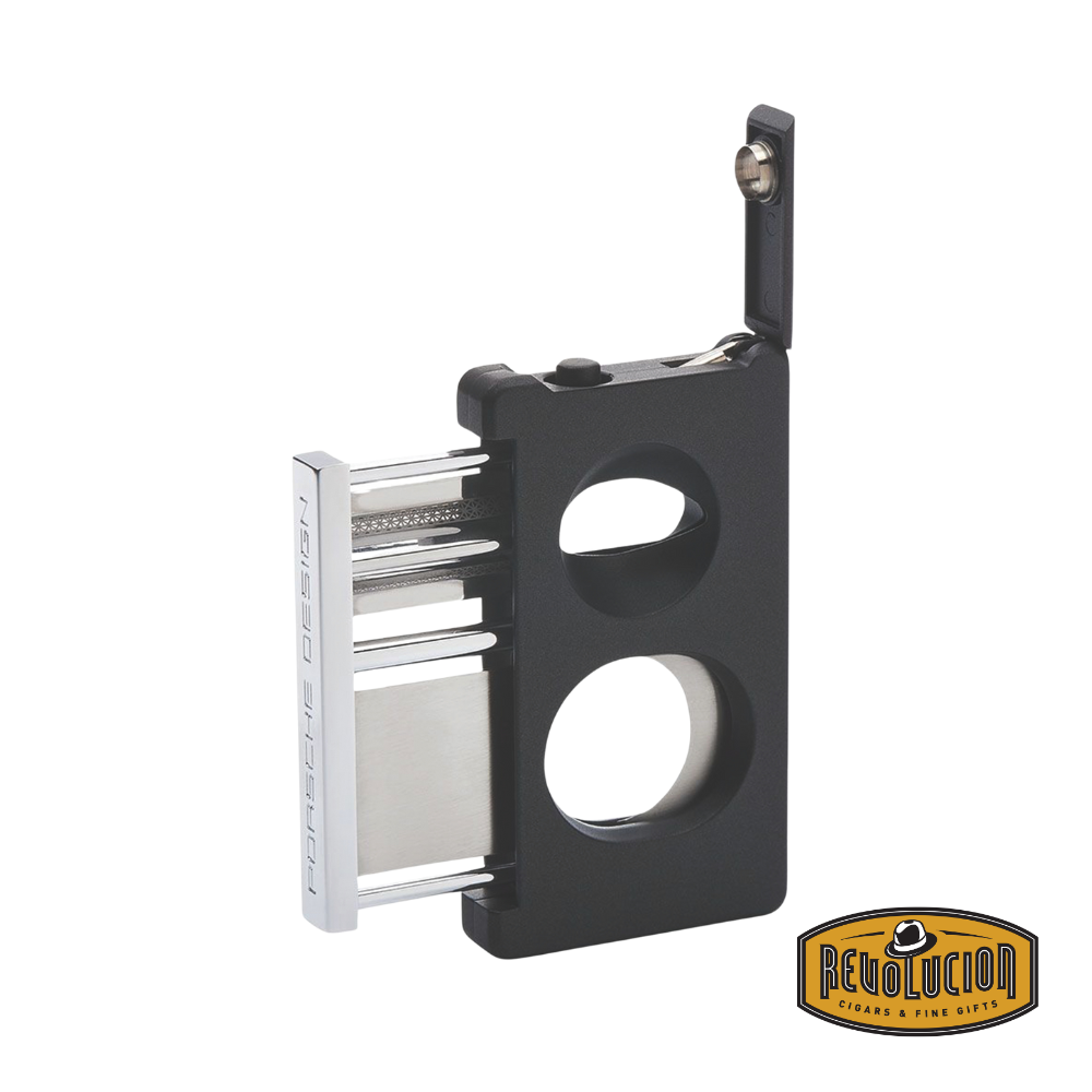 A sophisticated black Porsche Design 3-in-1 Cutter, displaying its sharp stainless-steel straight and V-cut blades for a smooth, effortless cut.