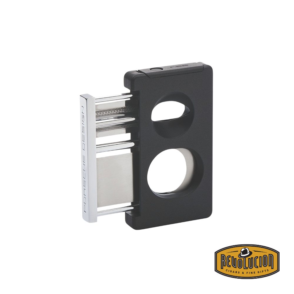 A black Porsche Design 3-in-1 Cutter in full function mode, showcasing its straight cut, V-cut, and integrated punch cutter for ultimate versatility.