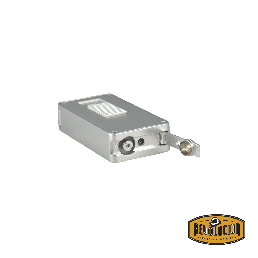 Porsche Design Single Wide Flame Lighter in chrome and silver, showcasing its built-in punch cutter for added functionality.