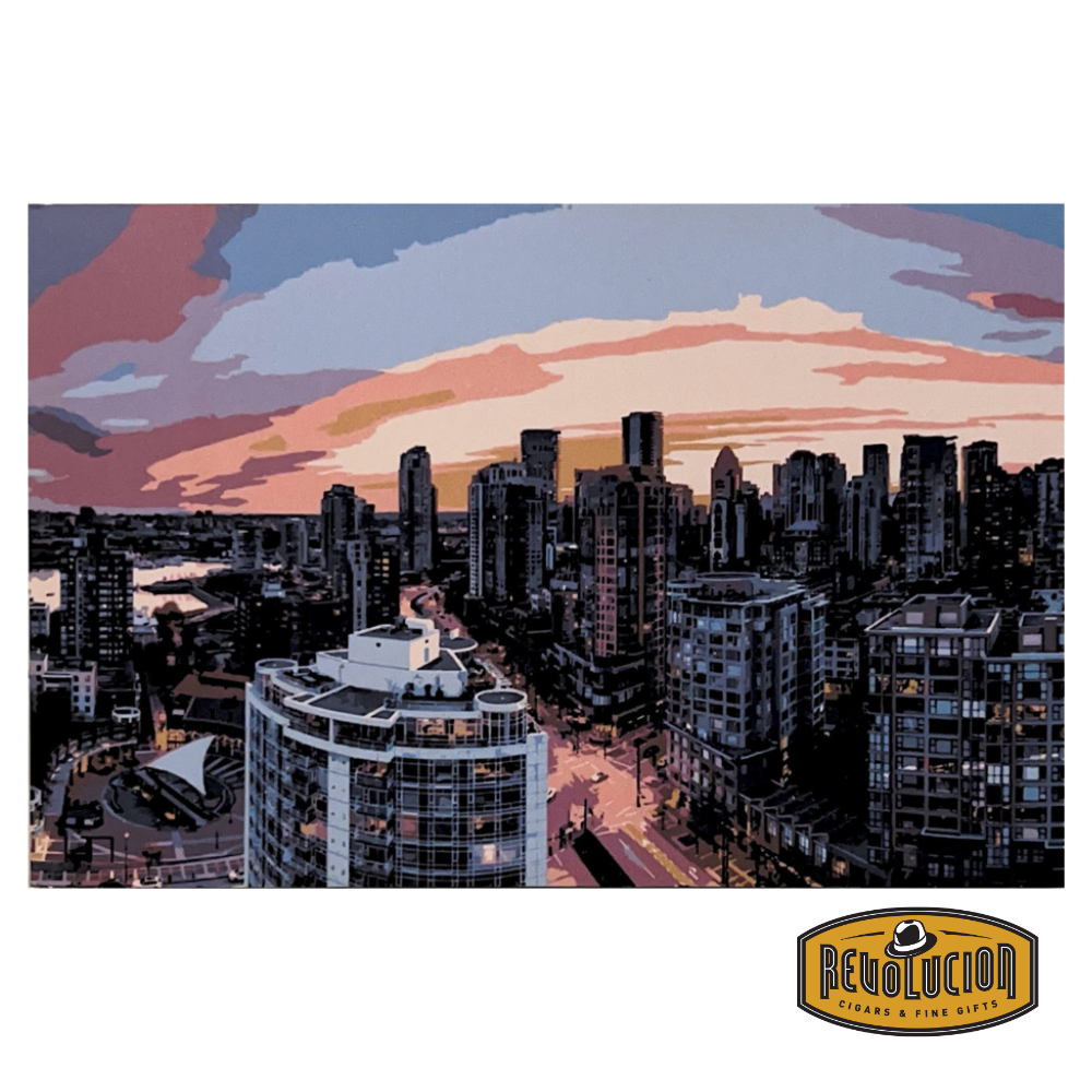 A 6x4 postcard featuring a stylish and artistic representation of Revolucion in Yaletown. The front showcases the store’s distinctive façade, highlighting the charm and atmosphere of this well-known cigar and fine gift shop.