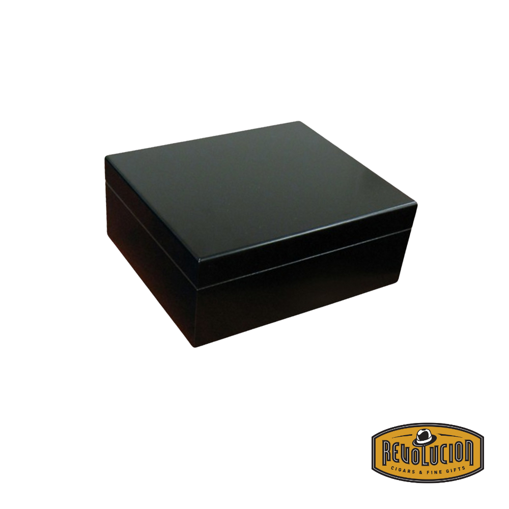 Prestige Chalet 25-50 Count Humidor in black, featuring a sleek design with a glass top for easy viewing and a secure seal to maintain optimal humidity levels.