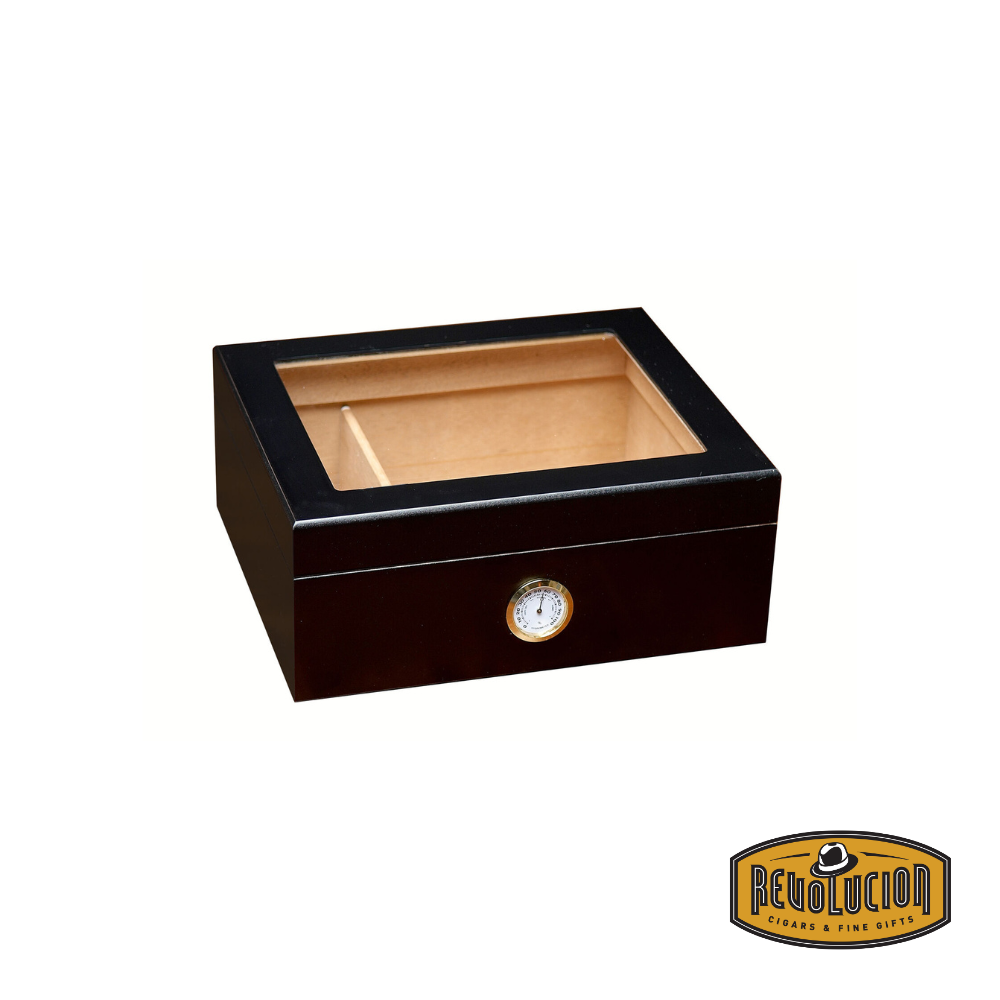 Front view of the Prestige Chalet Glasstop Humidor in black, featuring a sleek design with a transparent glass top for easy cigar visibility.