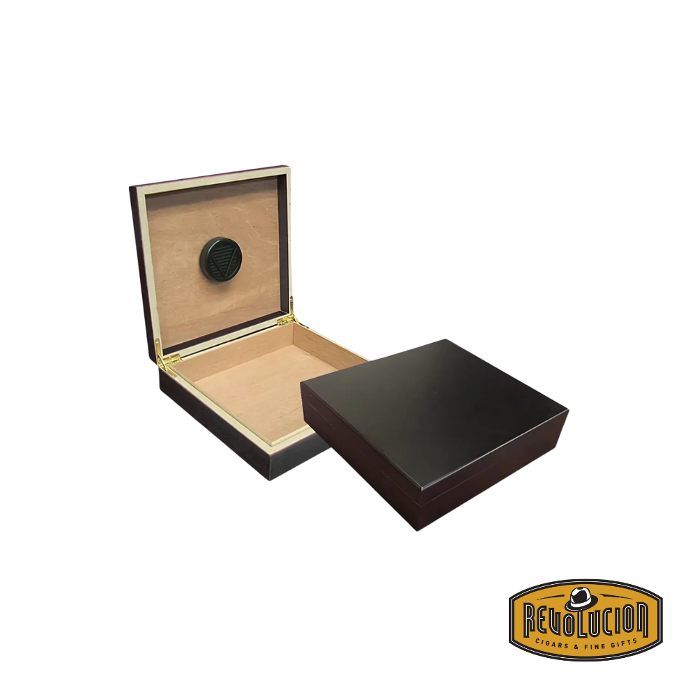 Prestige Chateau 20 Count Cigar Humidor in black, opened to reveal a Spanish cedar interior with a divider for organized storage and optimal humidity control.