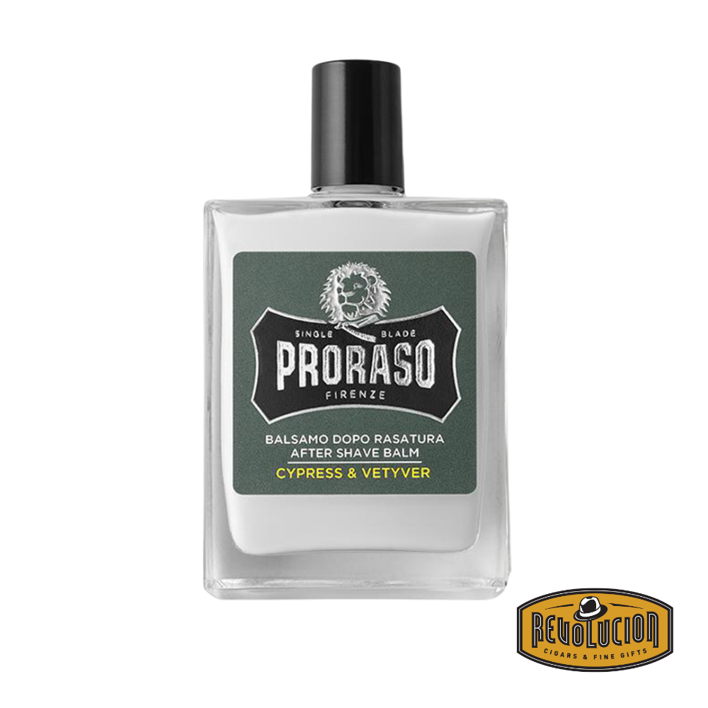Proraso After Shave Balm Cypress & Vetyver in a green-labeled bottle.