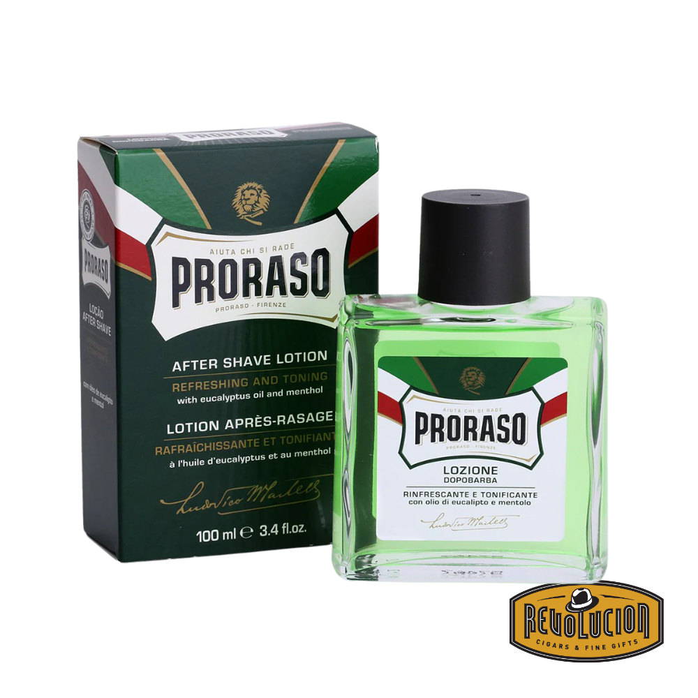 Proraso After Shave Liquid Lotion Eucalyptus & Menthol in a classic glass bottle with green label.
