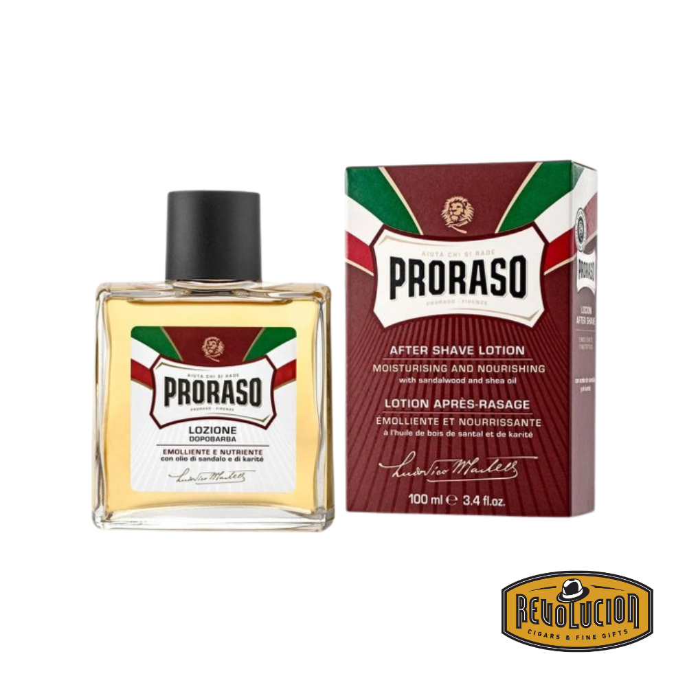 Proraso After Shave Lotion Liquid in Sandalwood scent, presented in a clear glass bottle with bold red labeling, designed to soothe and tone skin after shaving.