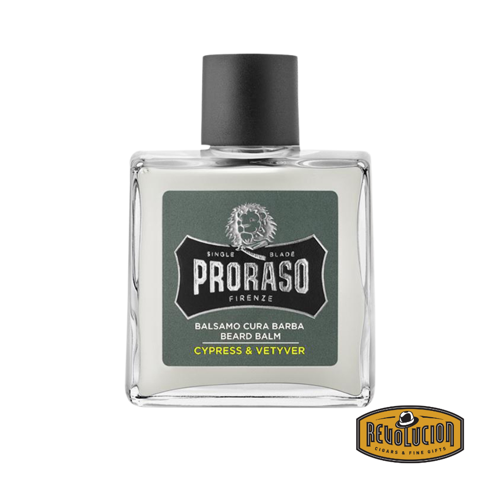 Proraso Beard Balm Cypress & Vetyver in a stylish green-labeled bottle with black cap.