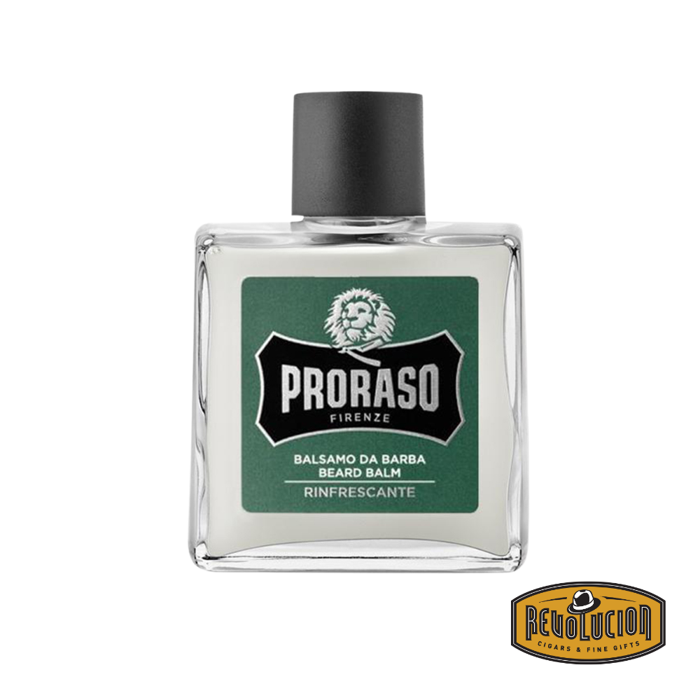 Proraso Beard Balm Refreshing in a white plastic bottle with green label.

