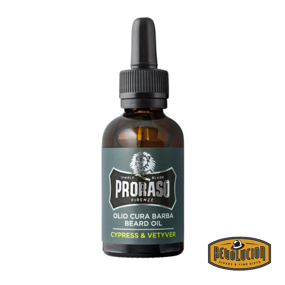 Proraso Beard Oil Cypress & Vetyver in a brown bottle with dropper cap.