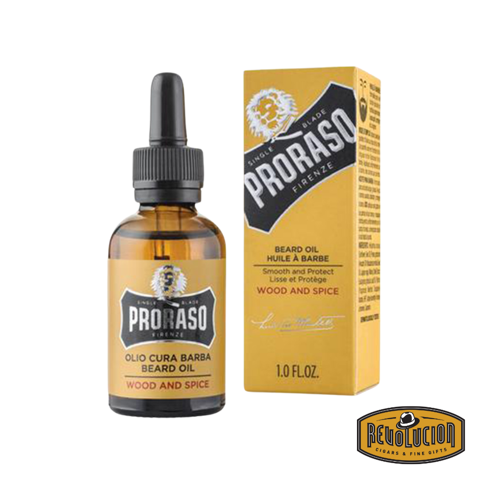 Proraso Beard Oil Wood and Spice in a glass dropper bottle with signature yellow packaging.