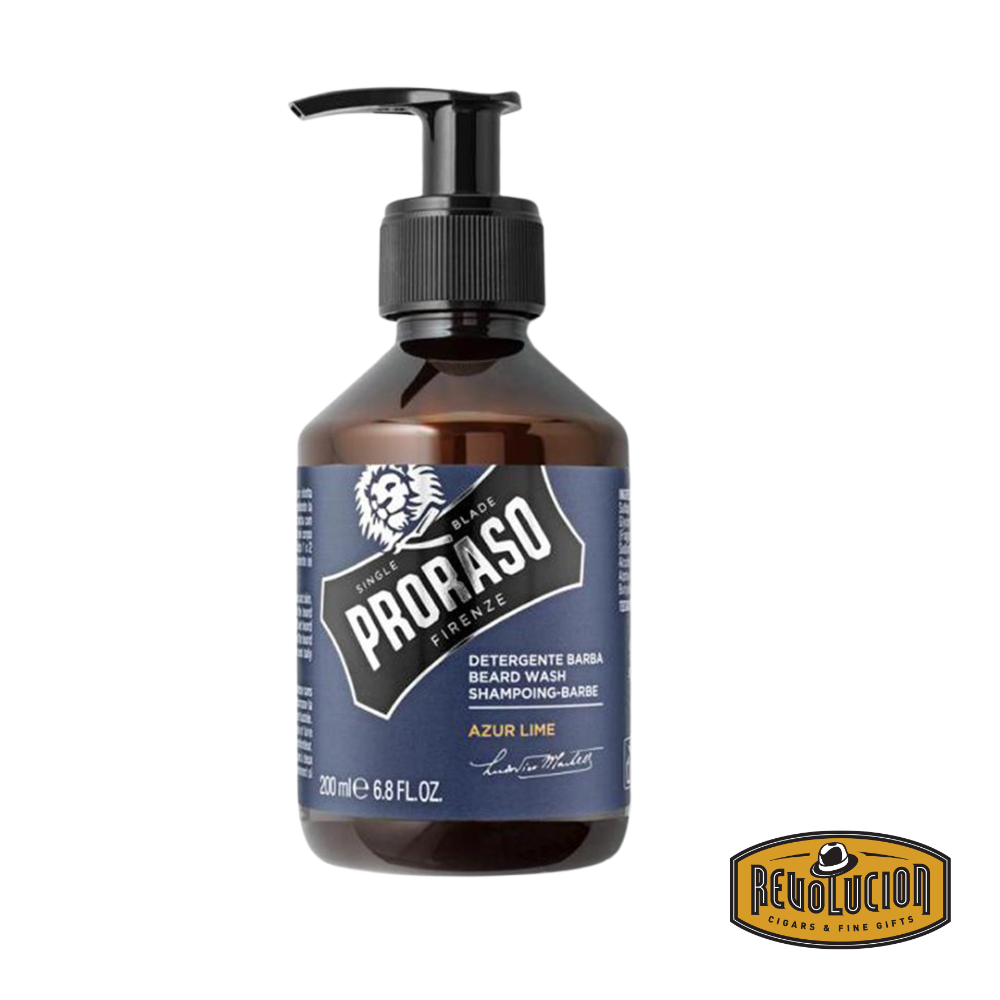 Proraso Beard Shampoo Azur Lime in a blue-labeled amber bottle with black pump.