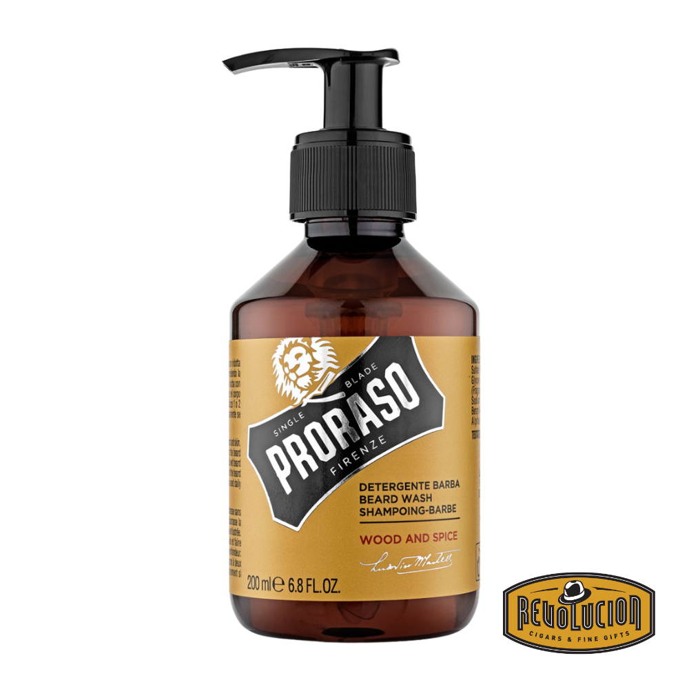Proraso Beard Shampoo Wood and Spice in a brown bottle with yellow label, designed for gentle yet effective beard cleansing.