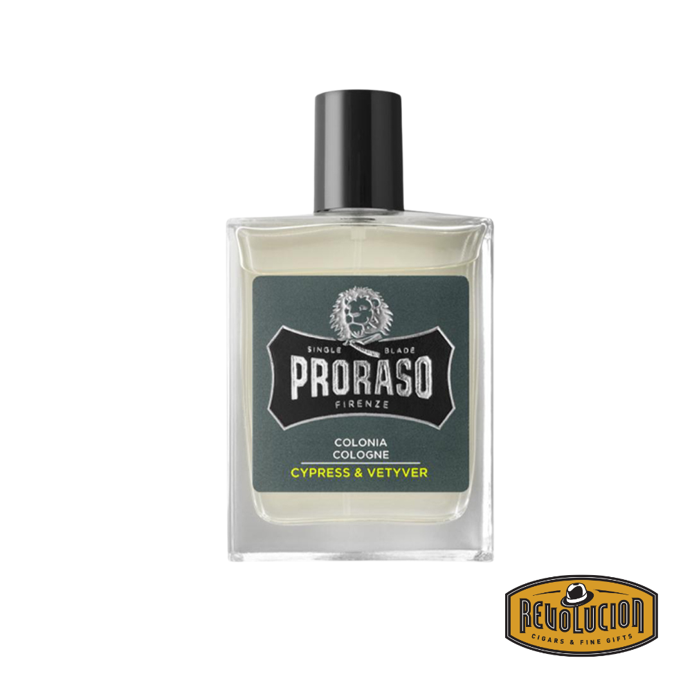 Proraso Cologne Cypress & Vetyver in a classic glass bottle with a sleek black cap, exuding a refined and masculine aesthetic.