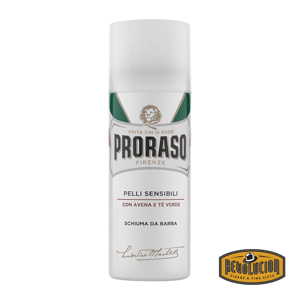 Proraso Shaving Foam with Green Tea and Oatmeal for sensitive skin in a white and green can.