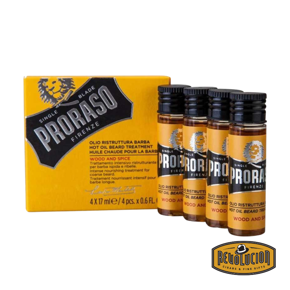 Proraso Hot Oil Beard Treatment Wood and Spice in a yellow box featuring individual vials for deep conditioning.