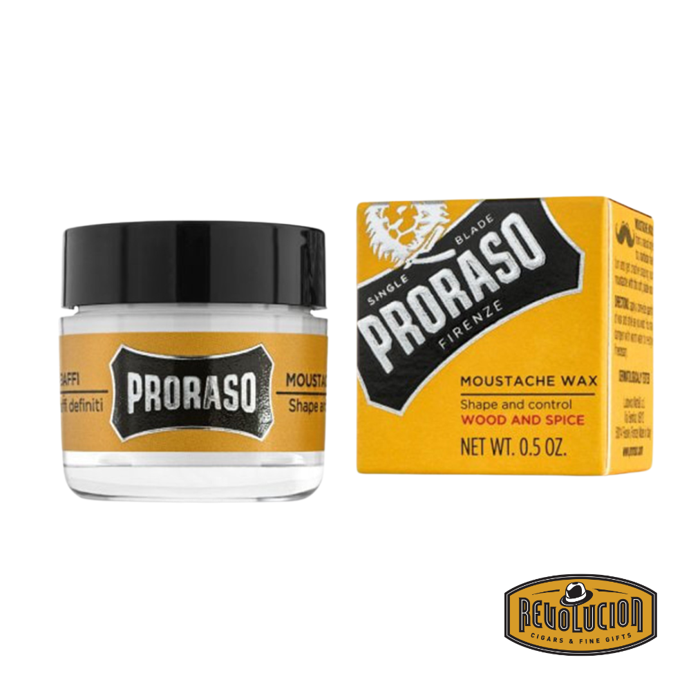 Proraso Mustache Wax Wood and Spice in a compact yellow tin, ideal for styling and shaping your mustache.
