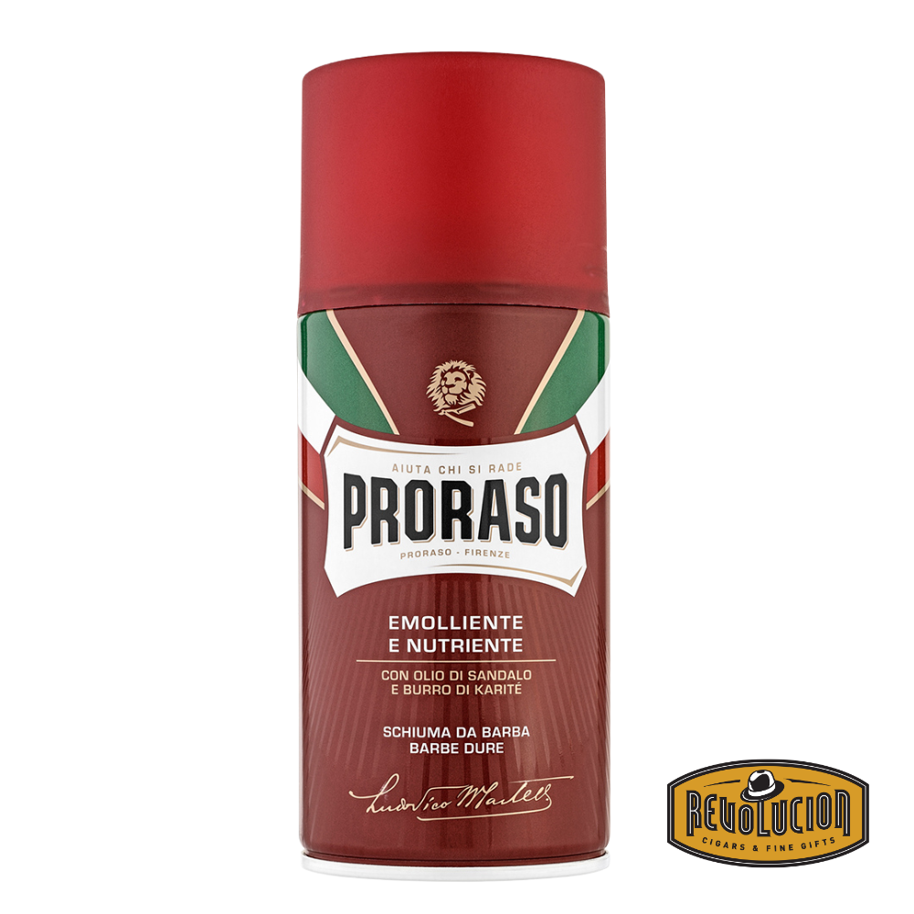 Proraso Shaving Foam with Shea Butter and Sandalwood in a red pressurized can.