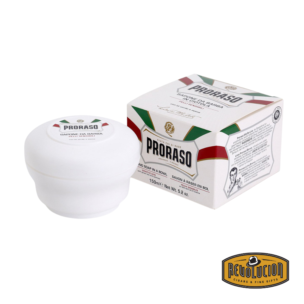 Proraso Shaving Soap in a Bowl with Green Tea and Oatmeal, 150 ml, housed in a soft green container designed for sensitive skin and a soothing shave.