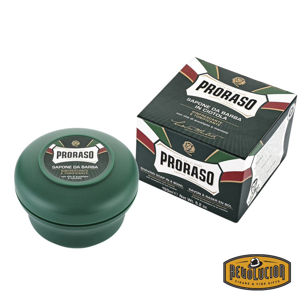 Proraso Shaving Soap in a green bowl with eucalyptus and menthol, 150 ml.