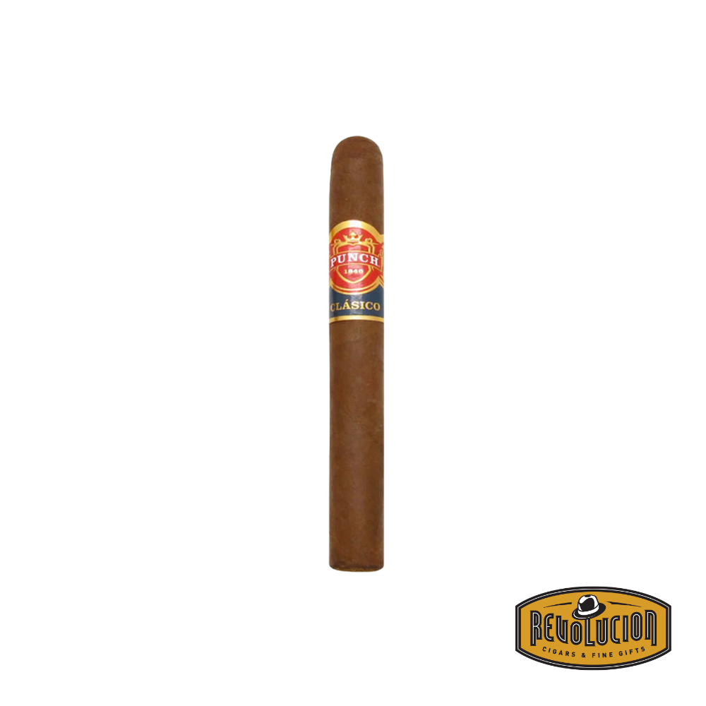 Punch London Club Corona Natural Medium Strength Honduran Cigar with light brown wrapper, displayed individually on a wooden cigar rest.