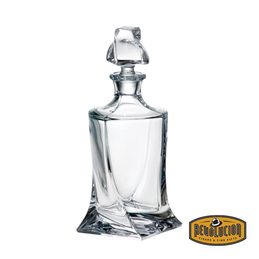 Quadro Whisky Decanter 850ml, a sophisticated glass decanter with a unique twisted design and a matching glass stopper, ideal for storing and serving whisky in style.