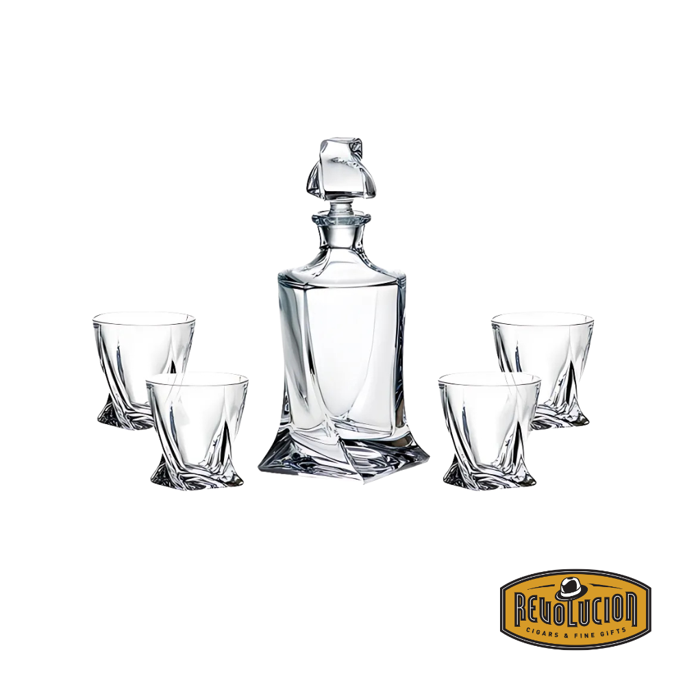 Quadro Whisky Set 5pc displayed in a white background, featuring a beautifully designed whisky decanter with a matching stopper and four elegant tumblers, crafted for a refined drinking experience.
