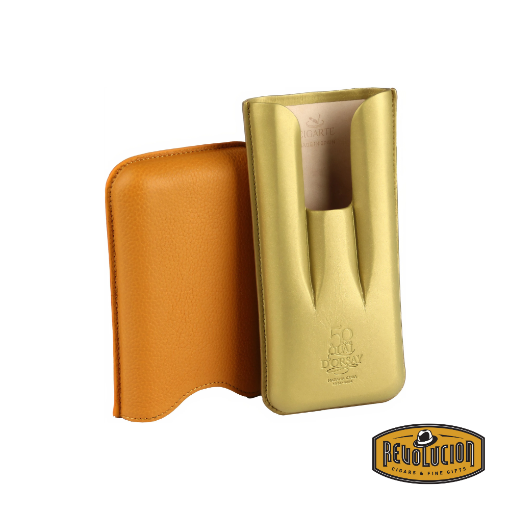 Quai d'Orsay 50th Anniversary 3 Cigar Case – a limited-edition leather cigar case featuring gold-embossed branding and designed to securely hold and protect three cigars in style.