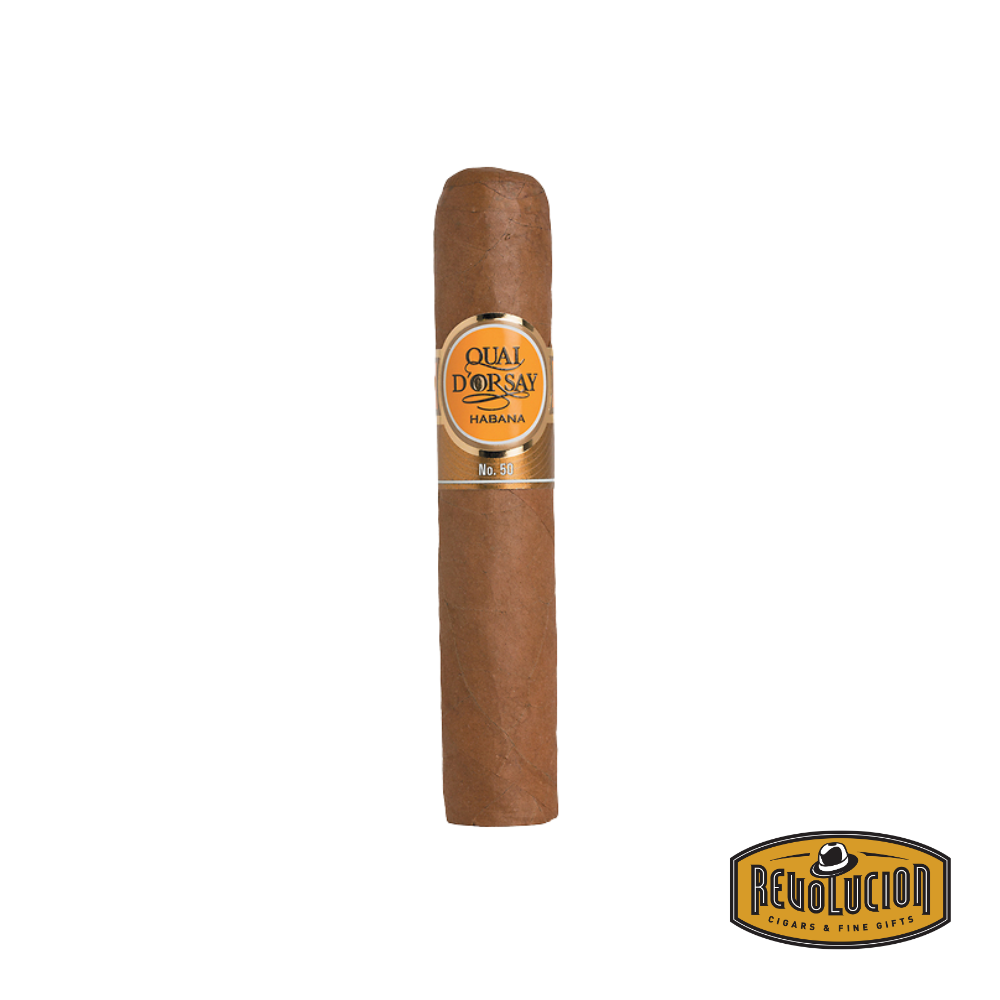 Quai Dorsay No 50 Petit Robusto Cuban cigar on a white background with the Revolucion logo, featuring a mild-medium strength profile and a sophisticated Quai Dorsay band.
