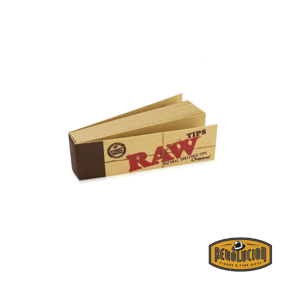 Front view of Raw Unbleached Paper Tips, showcasing the natural brown packaging with bold red branding and product details.