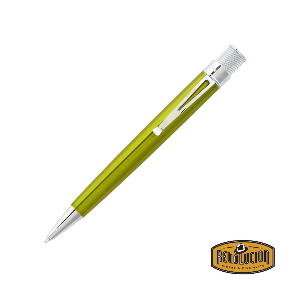 Retro 51 Tornado Classic Lacquers Kiwi Pen (yellow) featuring a vibrant yellow lacquered finish, sleek design with chrome accents, and a smooth rollerball tip for an elegant writing experience.