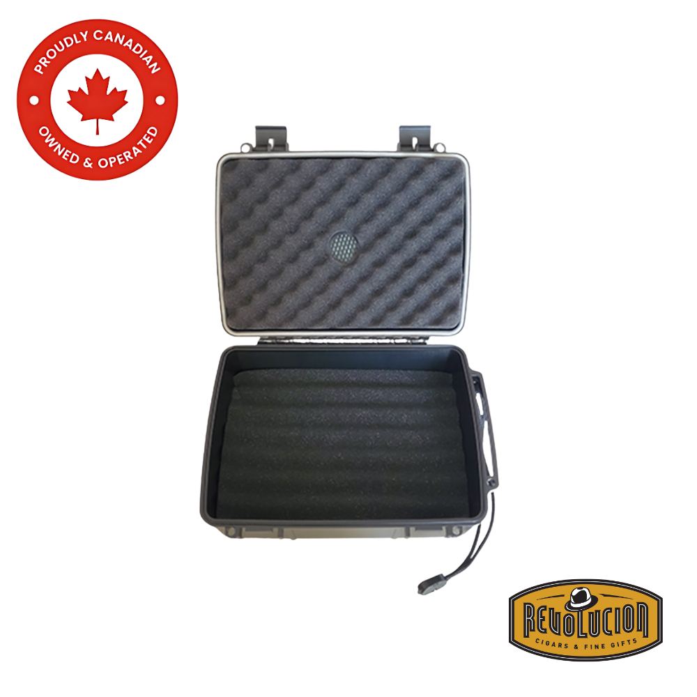 Revolucion Travel Humidor 14 Count, a compact and durable travel-friendly humidor with a sleek black exterior, designed for secure cigar storage on the go.