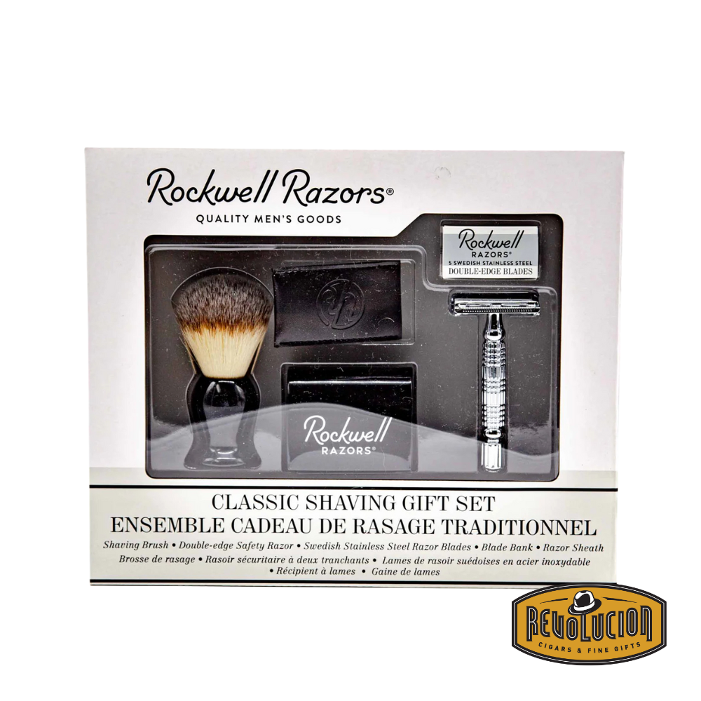 Rockwell Razors Classic Shaving Gift Set front view showing razor, brush, and accessories neatly arranged in packaging.