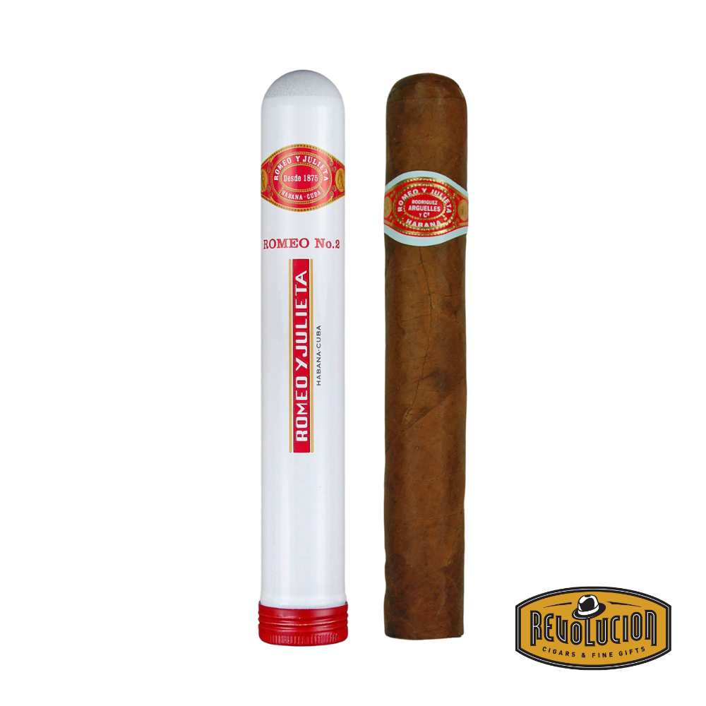 Romeo y Julieta No.2 A/T H/F Petit Corona Cuban cigar on a white background with the Revolucion logo, showcasing a medium strength profile and the iconic Romeo y Julieta band.