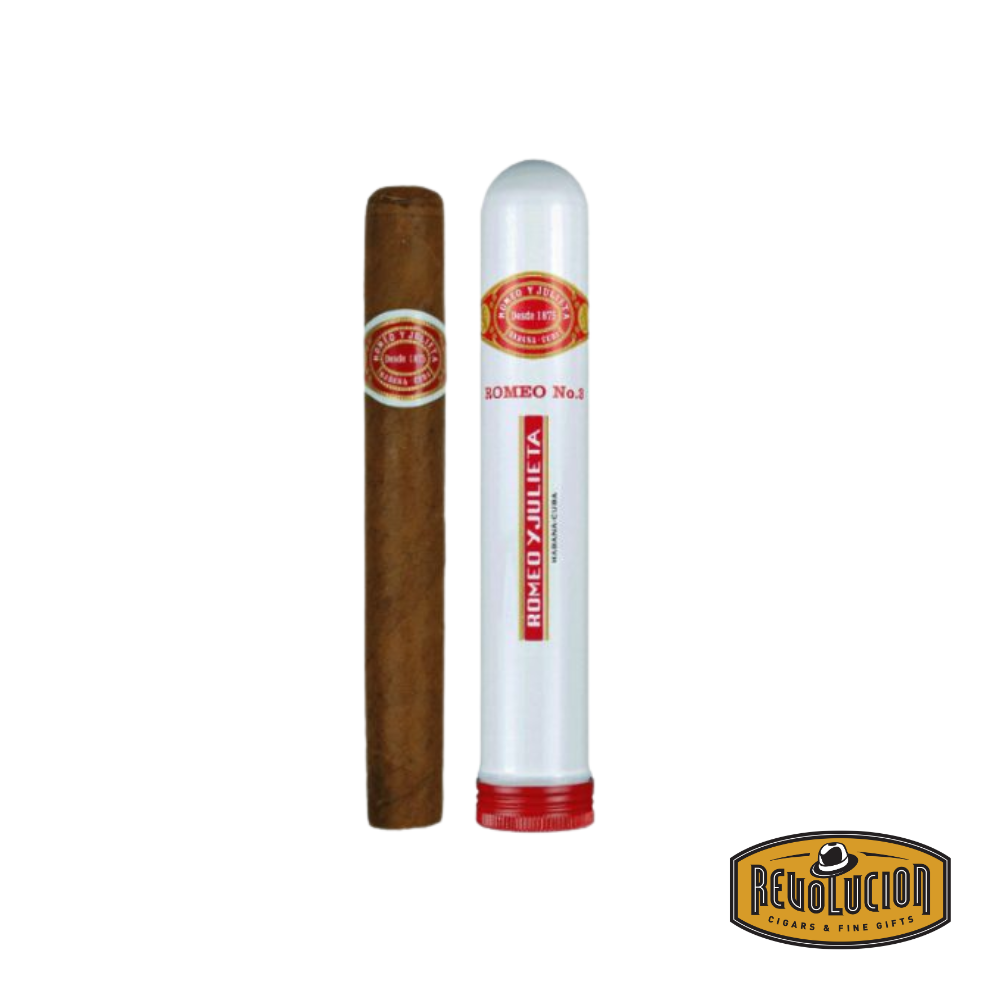 Romeo y Julieta No.3 A/T H/F Petit Corona Cuban cigar on a white background with the Revolucion logo, featuring a medium strength profile and the iconic Romeo y Julieta band.