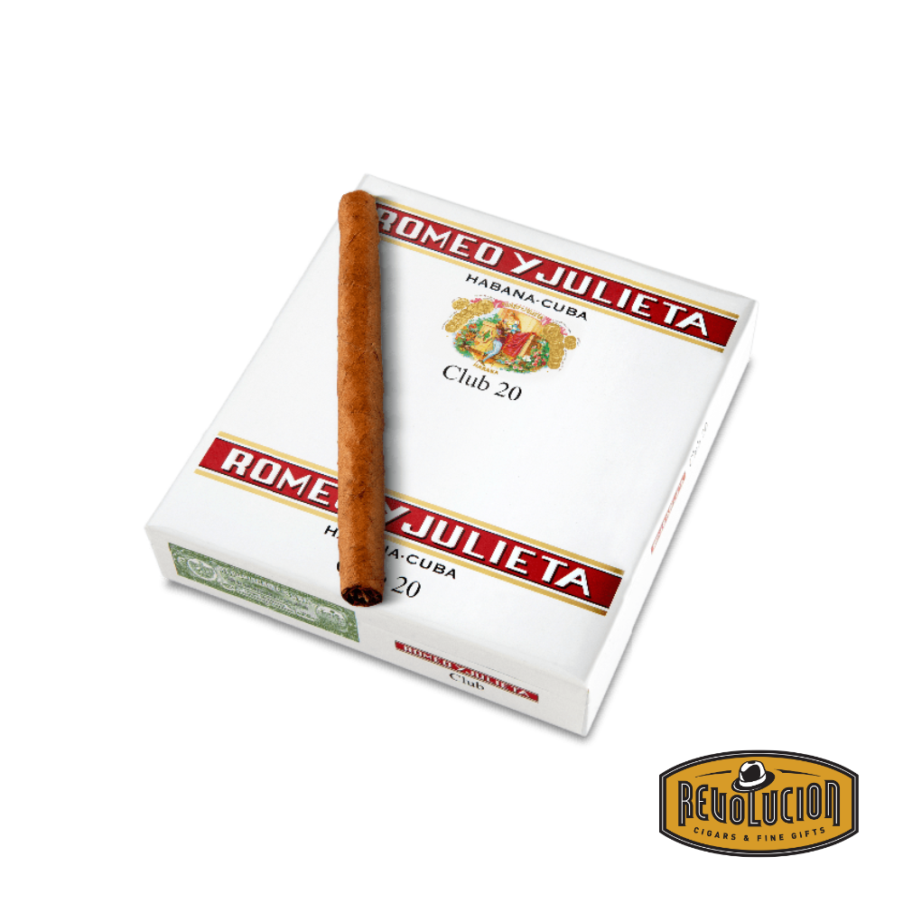 A classic Cuban cigarillo in its signature Romeo y Julieta white and red box, showcasing its elegant branding.