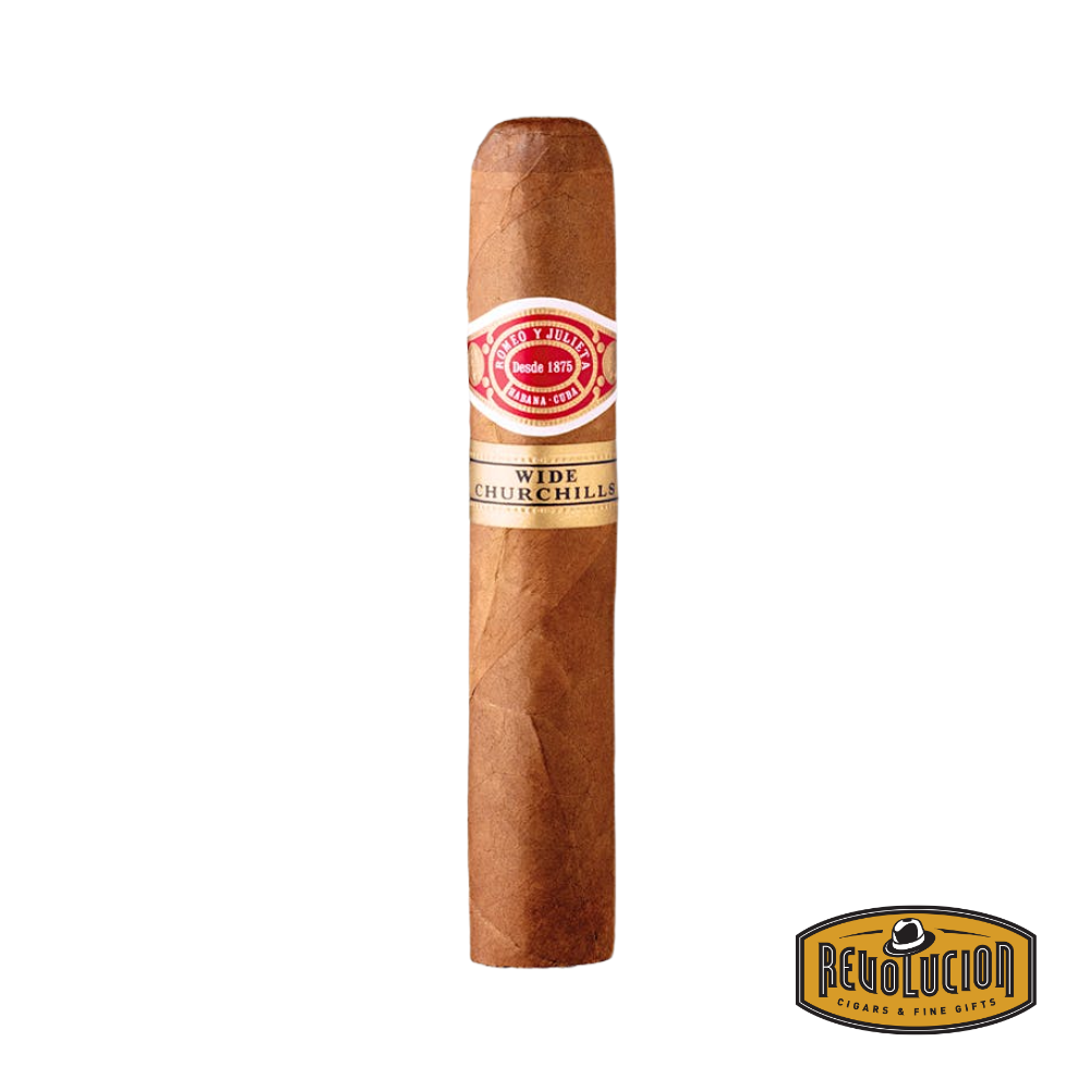 Romeo y Julieta Wide Churchill Cuban cigar in Robusto size, featuring a smooth wrapper and the iconic red and white band, known for its medium strength and balanced flavor.