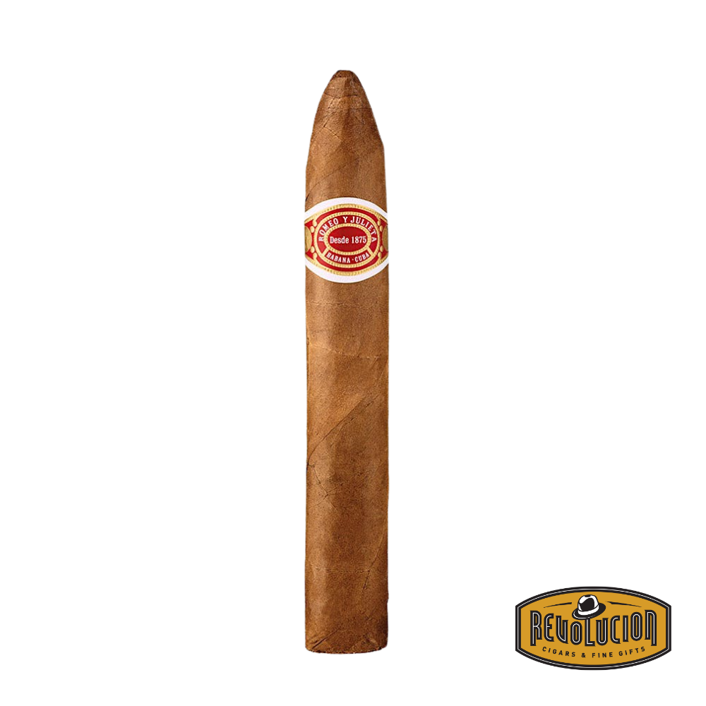 Romeo y Julieta Belicoso Cuban cigar featuring a tapered head and smooth medium-brown wrapper, showcasing the brand's classic band and refined construction.
