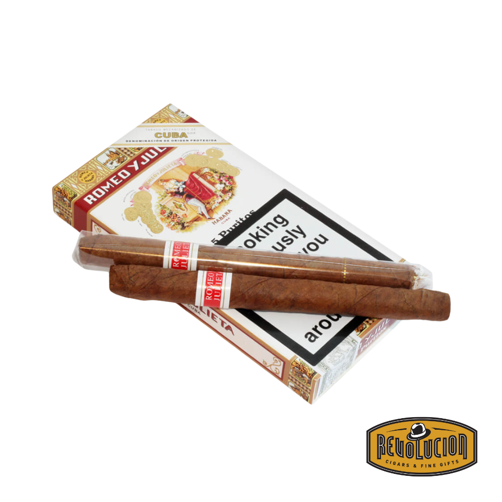 Romeo Y Julieta Puritos Medium Strength Cuban Cigarillo box opened to display several neatly arranged mini cigars, showcasing the elegant red and gold branding on both the packaging and individual puritos.