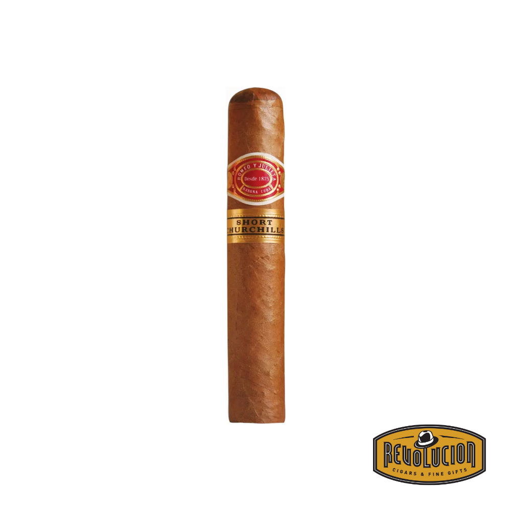Romeo y Julieta Short Churchill H/M – a medium-strength Cuban cigar in a short robusto format, featuring a smooth, milk-chocolate brown wrapper and the classic red and white Romeo y Julieta band.