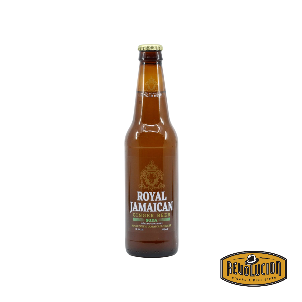 Royal Jamaican Ginger Beer Non-Alcoholic Soda 355 ml can featuring bold tropical design, known for its fiery ginger kick and refreshing taste.