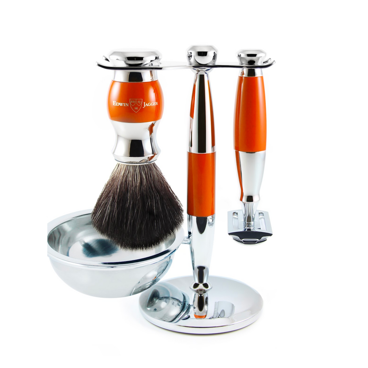 Edwin Jagger Orange &amp; Chrome 4 Piece DE Set (Black Synthetic) - Revolucion Lifestyle Vancouver, mens shaving and grooming. Gifts and fine lifefstyle products for him