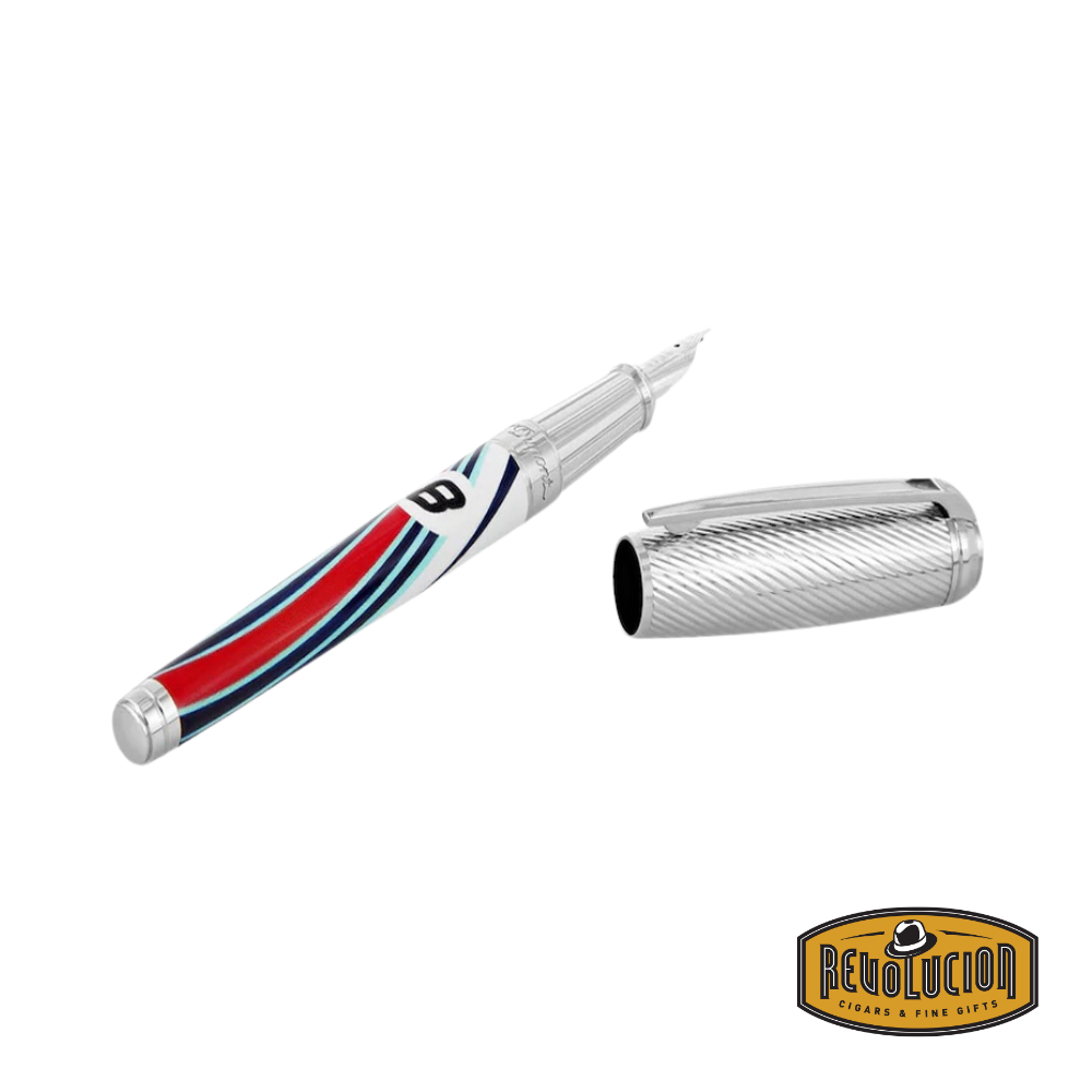 S.T. Dupont x 24H Le Mans Line D Large White Fountain Pen with its cap removed, showcasing a silver nib and a sleek white lacquer body accented by red, blue, and black racing stripes, along with the number 8.