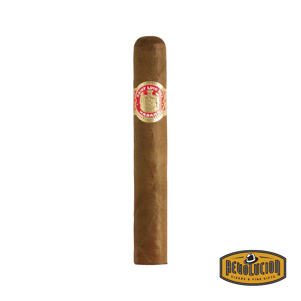 Saint Luis Rey Regios Corona Extra Cuban cigar on a white background with the Revolucion logo, featuring a medium-full strength profile and the distinctive Saint Luis Rey band.